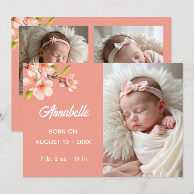 Sweet Peach Multi Photo Baby Announcement (Front/Back)