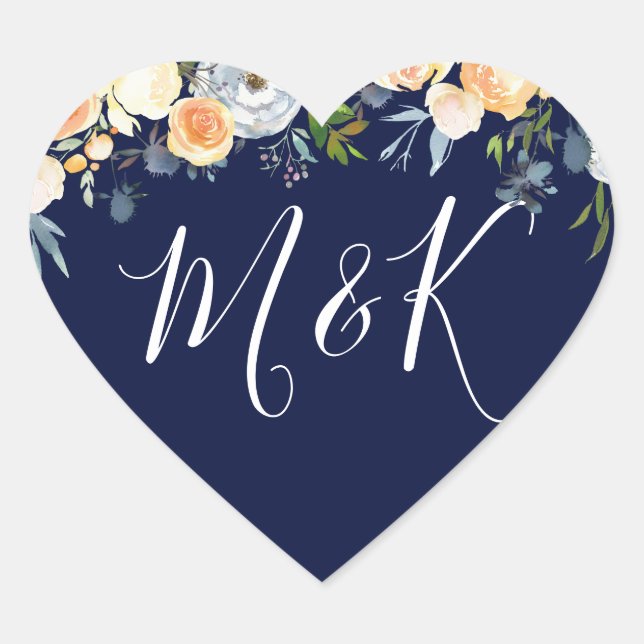 Sweet Peach & Navy Flowers Wedding Initials Favor Heart Sticker (Front)