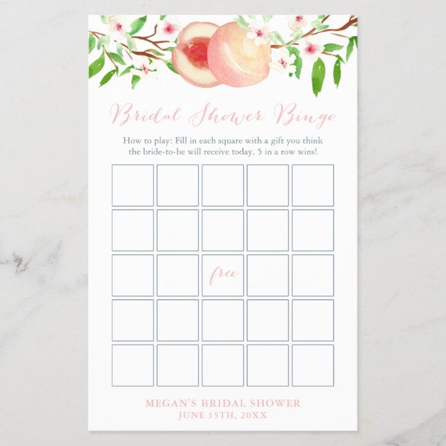 Sweet Peach Orchard Bridal Shower Bingo Game Card Flyer (Front)