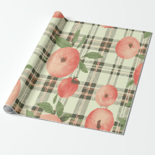 Sweet Peach Pattern on Rustic Plaid Background Wrapping Paper