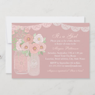 Sweet Peach & Pink Mason Jar Baby Shower Invite