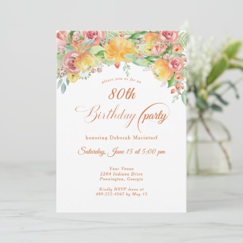 Sweet Peach Roses Floral 80th Invitation