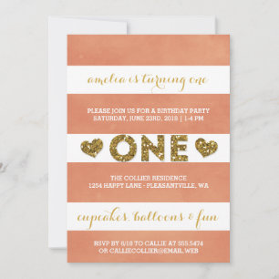 Sweet Peach Stripes First Birthday Party Invitation
