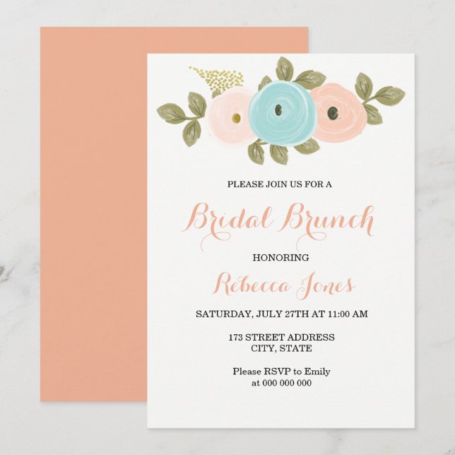 Sweet Peach Teal Floral Bridal Brunch Invite (Front/Back)