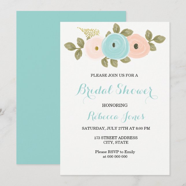 Sweet Peach Teal Flowers Bridal Shower Invite (Front/Back)