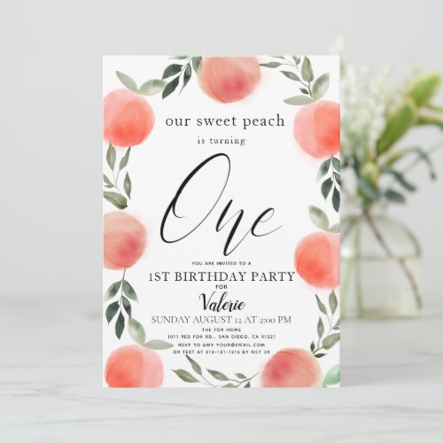 Sweet Peach Watercolor 1st Birthday Invitation