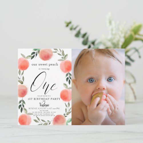 Sweet Peach Watercolor 1st Birthday Photo Invitation