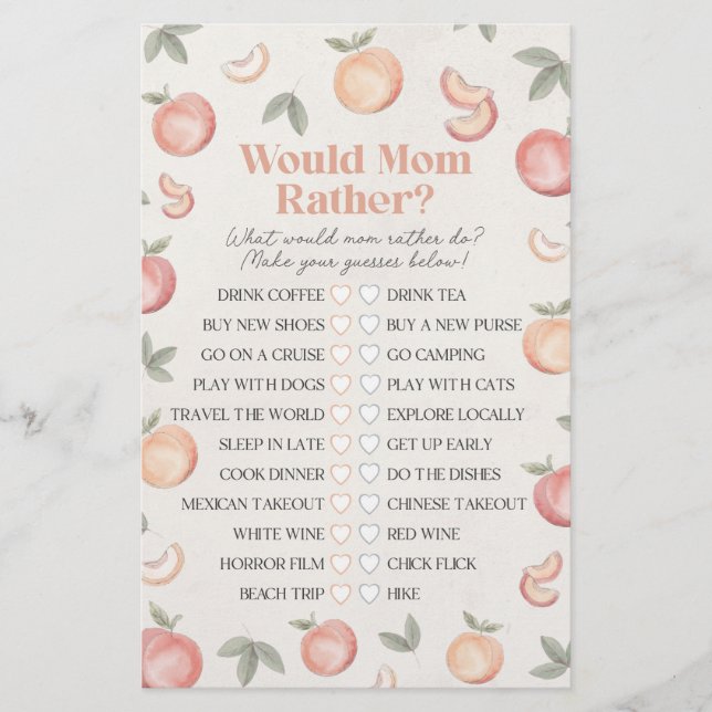 sweet peach would mom rather baby shower game (Front)