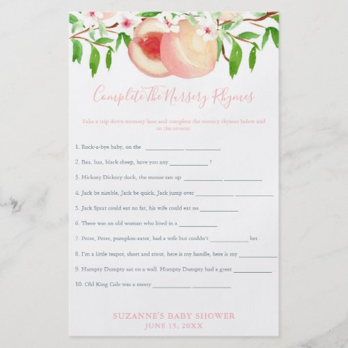 Sweet Peaches Baby Shower Nursery Rhymes Game Card Flyer