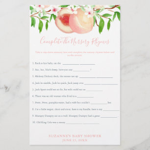 Sweet Peaches Baby Shower Nursery Rhymes Game Card Flyer
