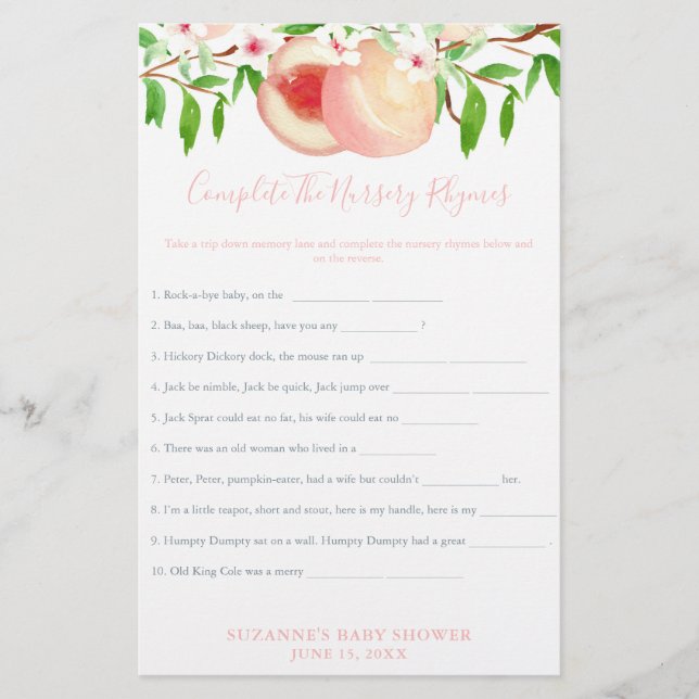 Sweet Peaches Baby Shower Nursery Rhymes Game Card Flyer (Front)