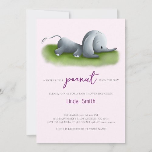 Sweet Peanut Elephant Girl Baby Shower Invitation