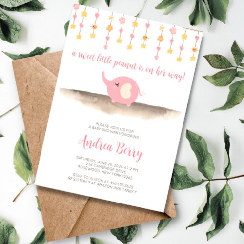 Sweet Peanut Girl Elephant Baby Shower Invitation