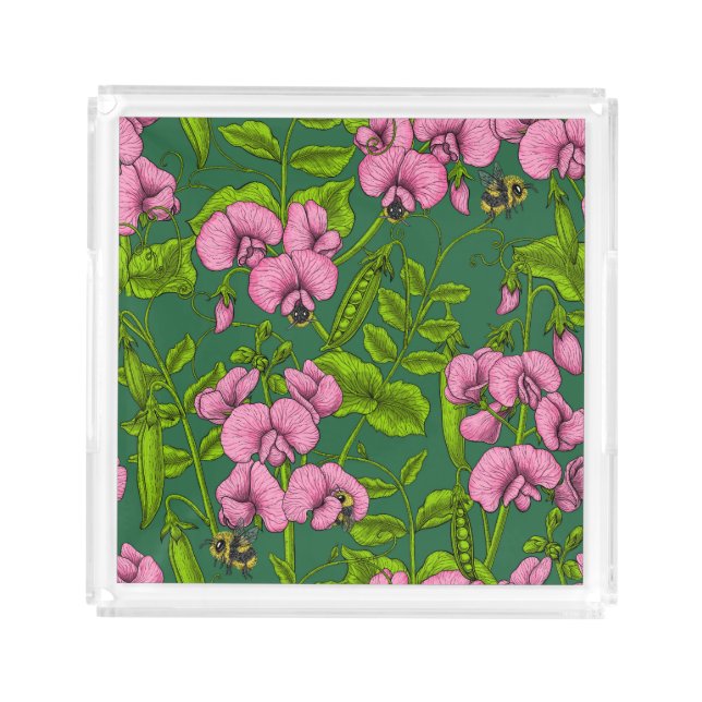 Sweet peas and bumblebees, green and pink acrylic tray (Front)