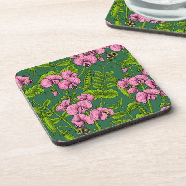 Sweet peas and bumblebees, green and pink beverage coaster (Left Side)