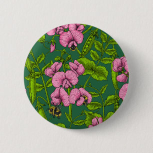 Sweet peas and bumblebees, green and pink button