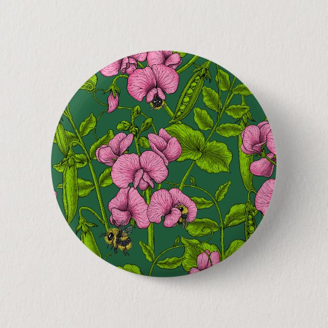 Sweet peas and bumblebees, green and pink button (Front)