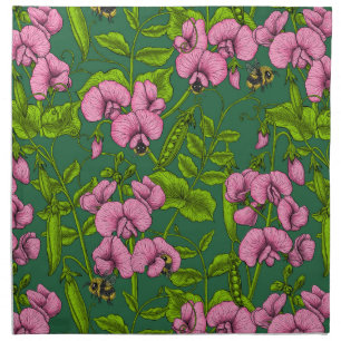 Sweet peas and bumblebees, green and pink cloth napkin