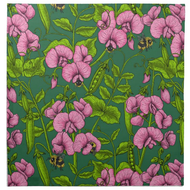 Sweet peas and bumblebees, green and pink cloth napkin (Front)