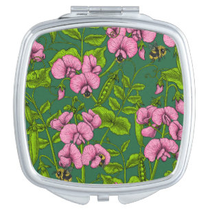 Sweet peas and bumblebees, green and pink compact mirror