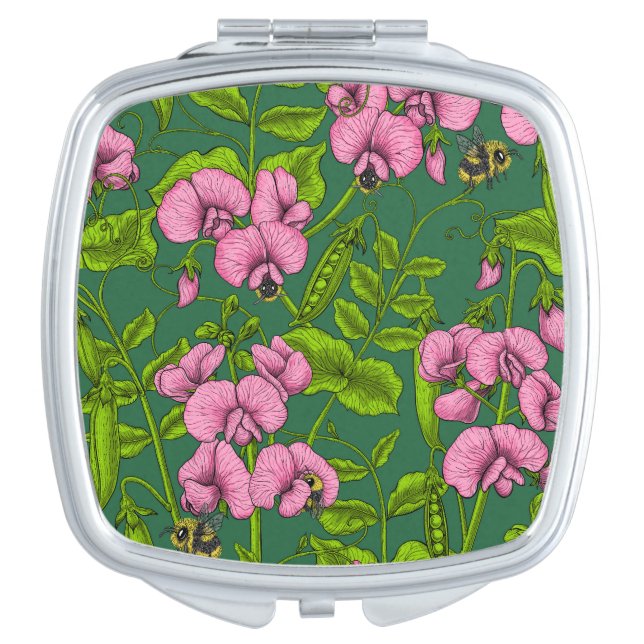 Sweet peas and bumblebees, green and pink compact mirror (Front)
