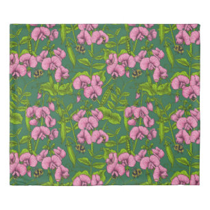 Sweet peas and bumblebees, green and pink duvet cover