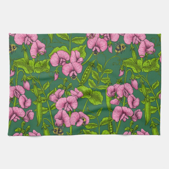 Sweet peas and bumblebees, green and pink kitchen towel (Horizontal)