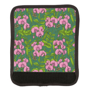 Sweet peas and bumblebees, green and pink luggage handle wrap