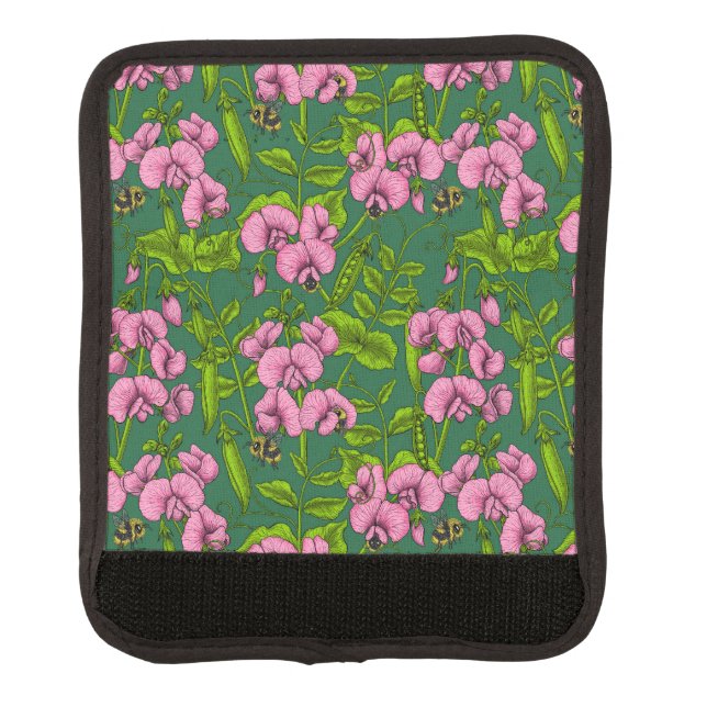 Sweet peas and bumblebees, green and pink luggage handle wrap (Front)