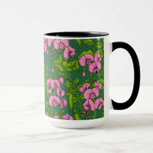 Sweet peas and bumblebees, green and pink mug