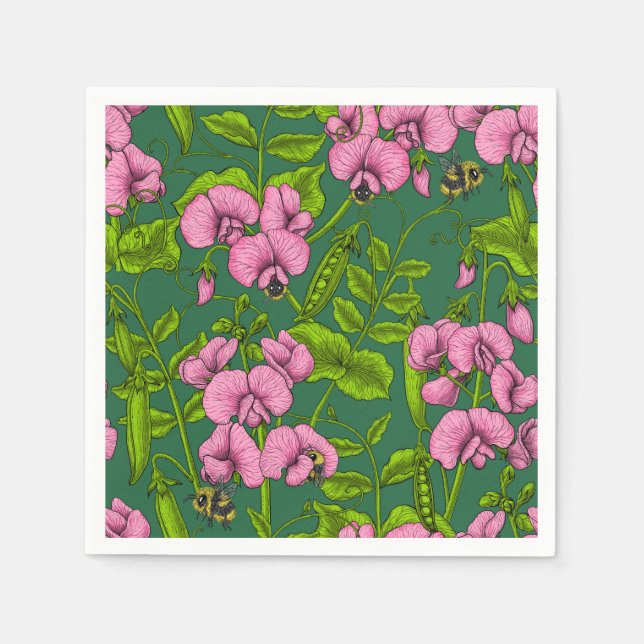 Sweet peas and bumblebees, green and pink napkins (Front)