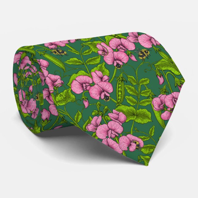 Sweet peas and bumblebees, green and pink neck tie (Rolled)