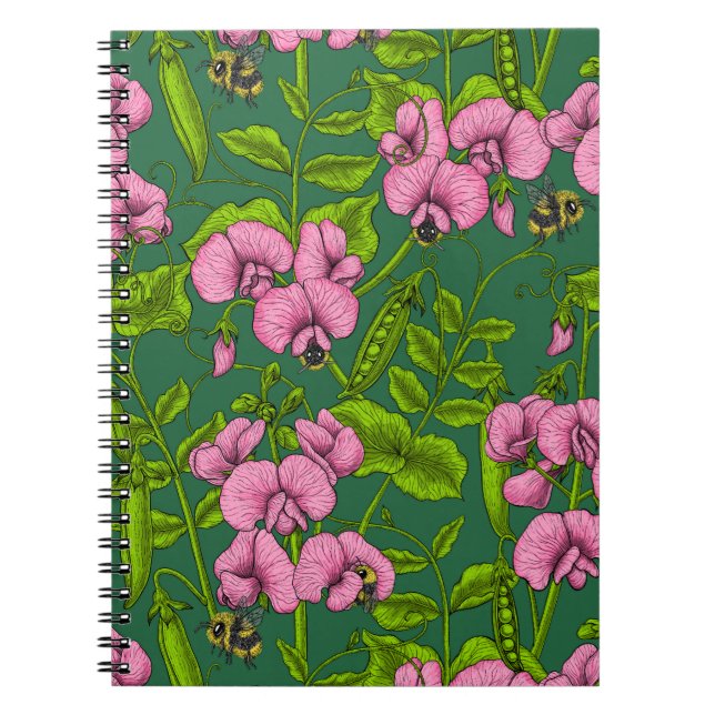 Sweet peas and bumblebees, green and pink notebook (Front)