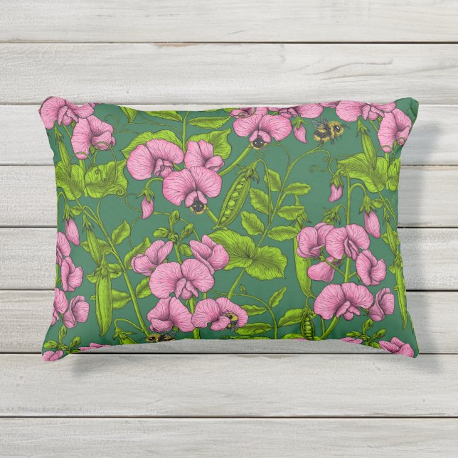 Sweet peas and bumblebees, green and pink outdoor pillow (Front)