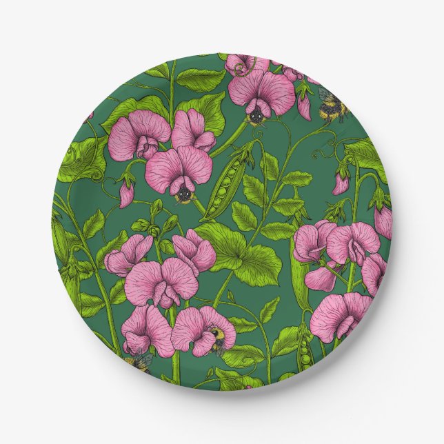 Sweet peas and bumblebees, green and pink paper plates (Front)