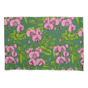 Sweet peas and bumblebees, green and pink pillow case