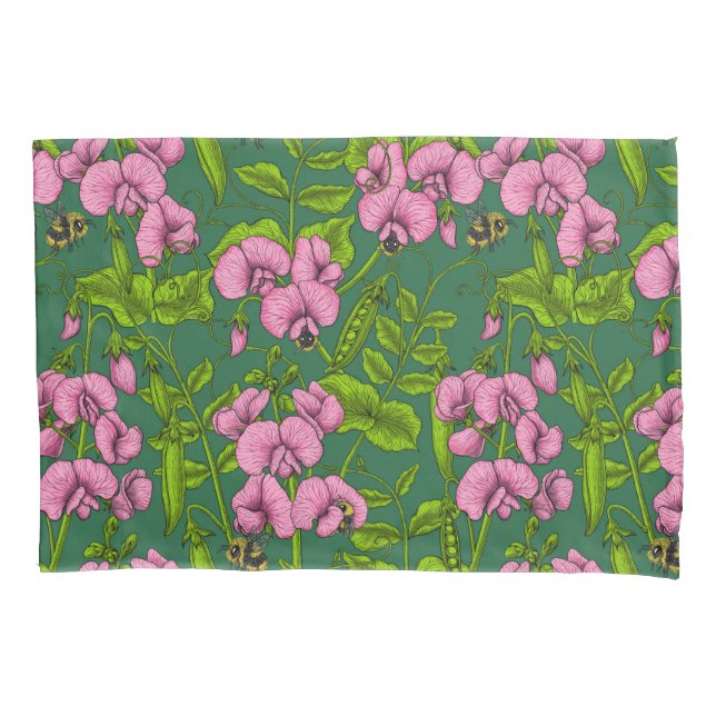 Sweet peas and bumblebees, green and pink pillow case (Front-Left)