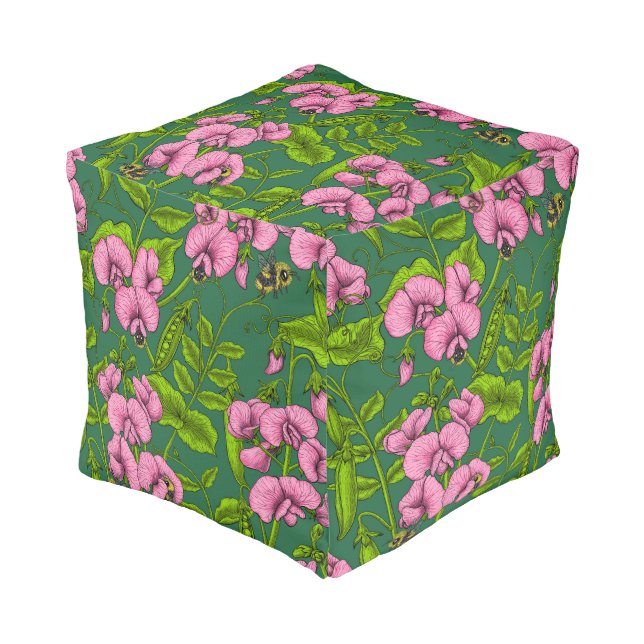 Sweet peas and bumblebees, green and pink pouf (Angled Front)