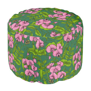 Sweet peas and bumblebees, green and pink pouf