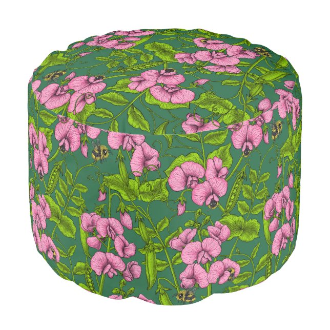 Sweet peas and bumblebees, green and pink pouf (Angled Front)