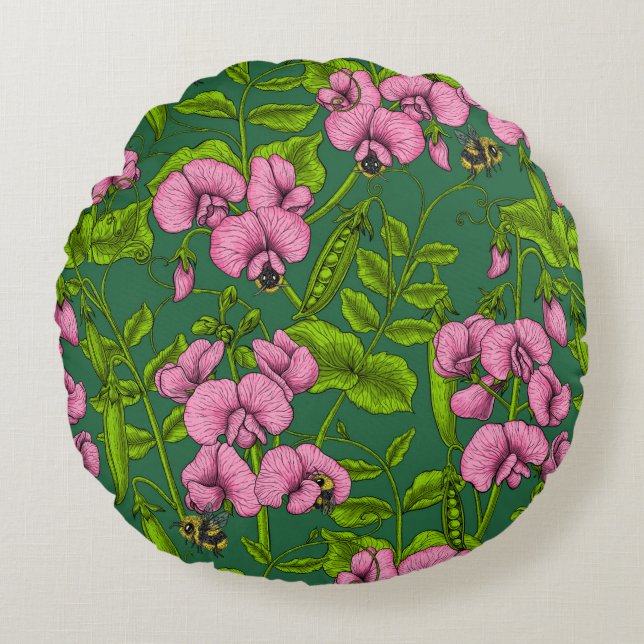 Sweet peas and bumblebees, green and pink round pillow (Front)