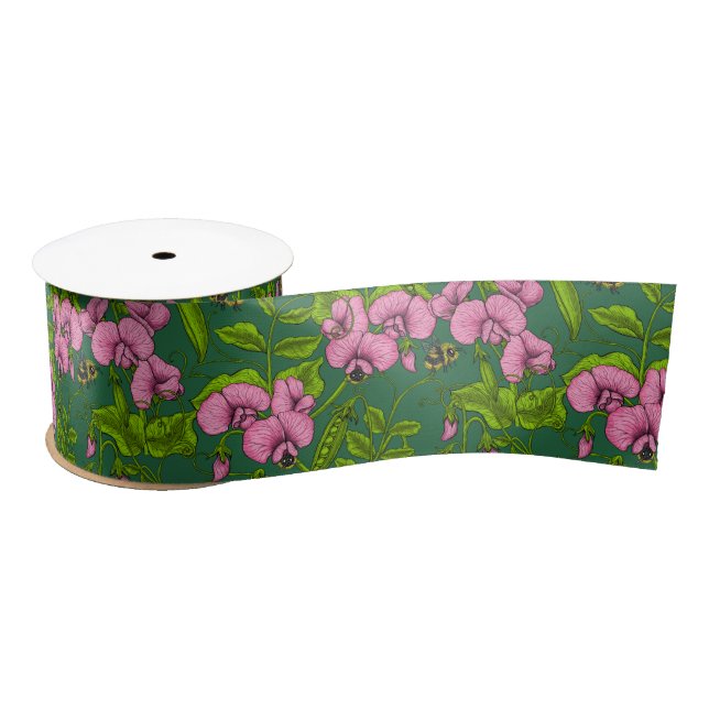 Sweet peas and bumblebees, green and pink satin ribbon (Spool)
