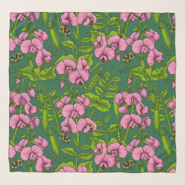 Sweet peas and bumblebees, green and pink scarf (Front)