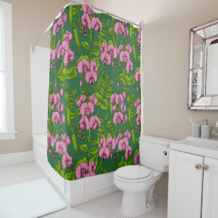 Sweet peas and bumblebees, green and pink shower curtain