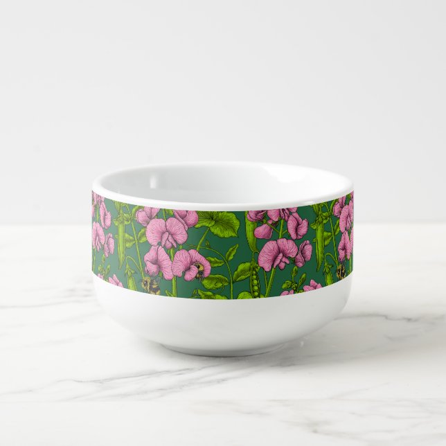 Sweet peas and bumblebees, green and pink soup mug (Front)