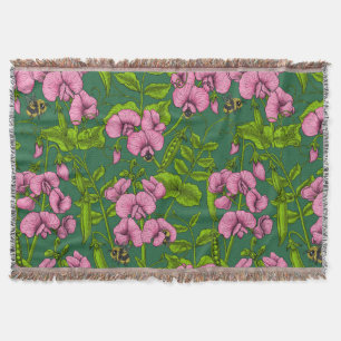 Sweet peas and bumblebees, green and pink throw blanket