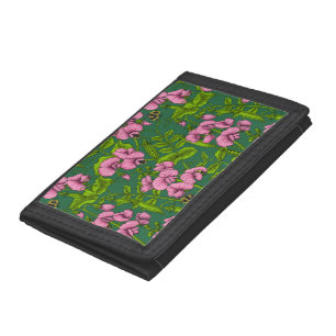 Sweet peas and bumblebees, green and pink tri-fold wallet