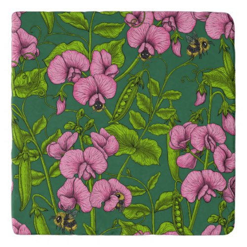 Sweet peas and bumblebees green and pink trivet