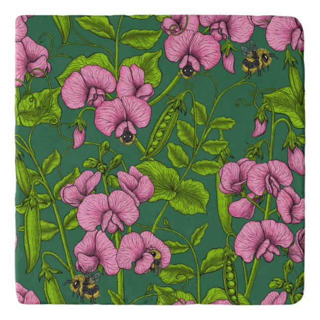Sweet peas and bumblebees, green and pink trivet (Front)