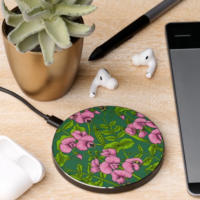 Sweet peas and bumblebees, green and pink wireless charger  (Desk 2)